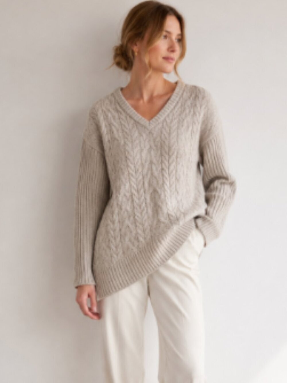 ATHLETA Asymmetrical Cable Knit Wool Cashmere Sweater Size XS Beige